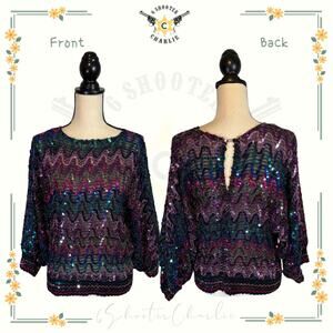 VTG Rob Hill for Mister Jay Mermaid Scallop Sequin Cropped Sleeve Blouse Size L